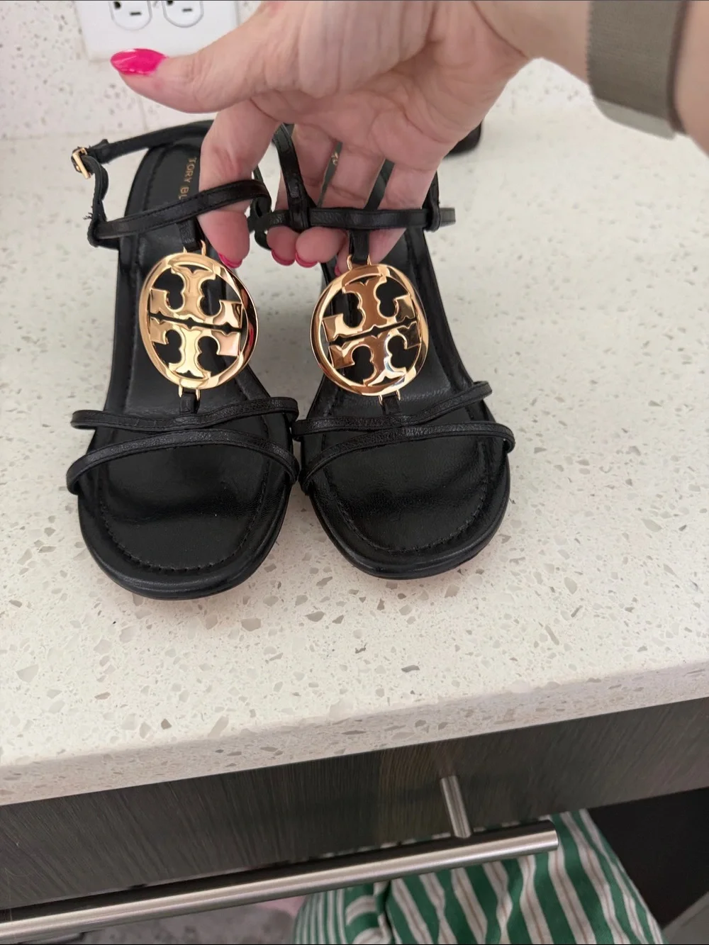 Tory Burch Capri Miller Strappy Wedge Sandals Perfect Black Gold Medallion